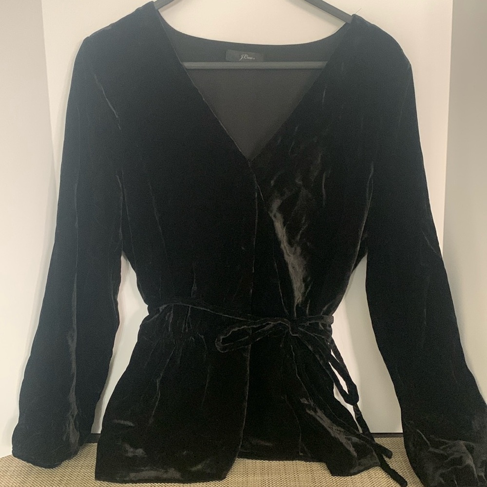 J Crew black velvet v neck long sleeve faux wrap tie waist blouse Small